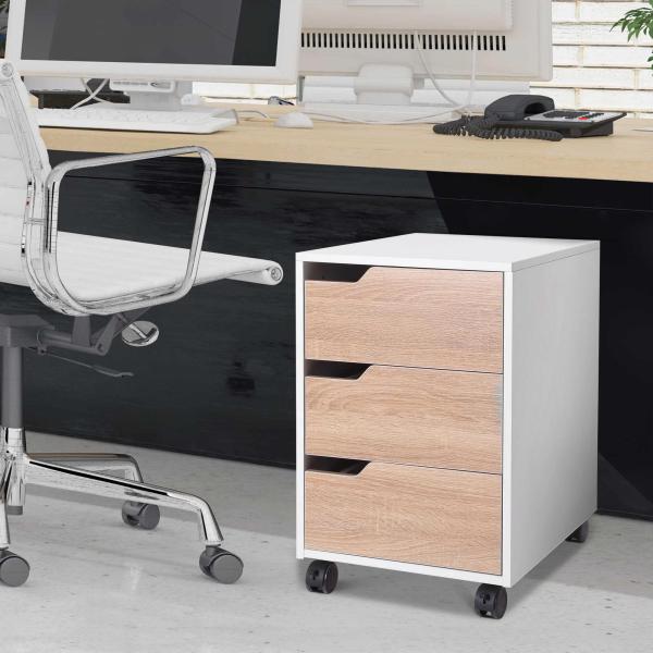 Bloco de Gavetas para Escritório Móvel de Escritório Bloco de Gavetas com 3 Gavetas e 4 Rodas 40x50x57,5 cm Madeira e Branco