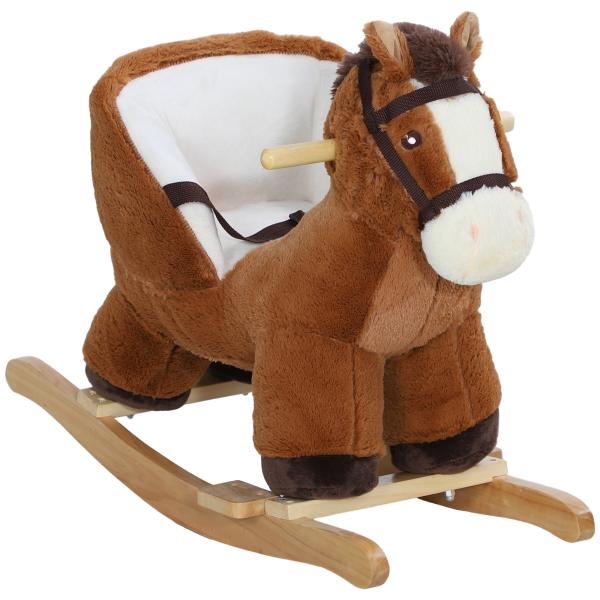 Cavalo Baloiço para Crianças de 18 - 36 Meses com Sons Cinto de Segurança e Base de Madeira Carga 25 kg 68x33x45 cm Marrom
