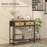 Mesa Consola Móvel de Entrada com Prateleira Aberta 2 Gavetas Frente em Vime Consola de Entrada 80x30x75 cm Marrom Rústico