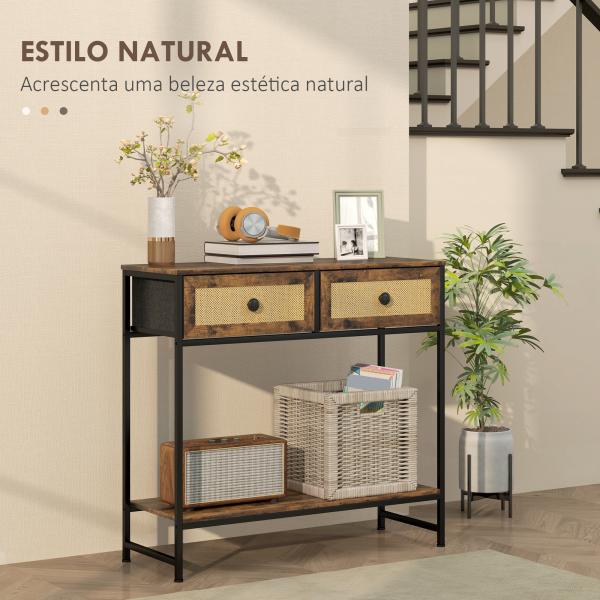 Mesa Consola Móvel de Entrada com Prateleira Aberta 2 Gavetas Frente em Vime Consola de Entrada 80x30x75 cm Marrom Rústico