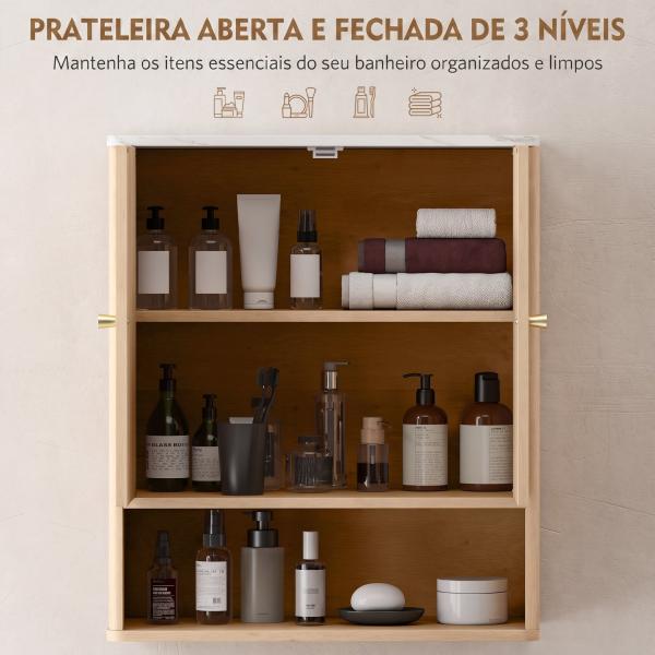 Armário de Parede para Casa de Banho com Portas em Ampulheta, Prateleira Ajustável e Aberta, 60x18x70 cm, Carvalho