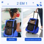 Transportadora 2 em 1 para Animais de Estimação Mochila ou Carrinho de Viagem para Cães e Gatos com 2 Rodas Alça Retrátil de Alumínio e Bolso de Armazenamento 42x25x55cm Azul