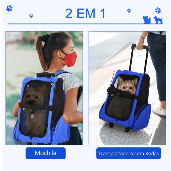 Transportadora 2 em 1 para Animais de Estimação Mochila ou Carrinho de Viagem para Cães e Gatos com 2 Rodas Alça Retrátil de Alumínio e Bolso de Armazenamento 42x25x55cm Azul