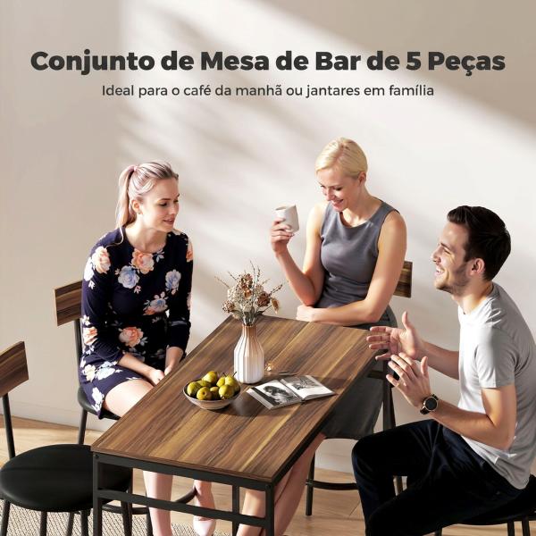 Conjunto de Mesa Alta de Bar com 4 Bancos, Assentos em PU com Encosto e Apoio para os Pés, Castanho