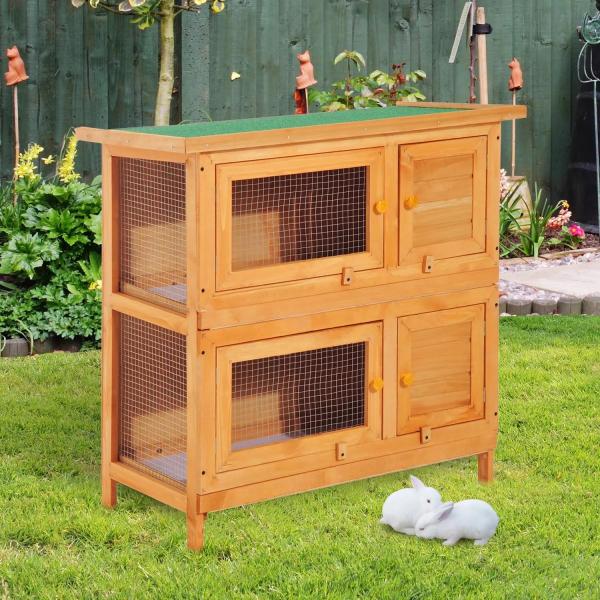 Coelheira de Madeira Exterior de 2 Níveis Gaiola para 1 - 2 Coelhos Animais Pequenos com Teto Asfáltico Dobrável e 2 Bandejas Removíveis 90x45x90cm Madeira