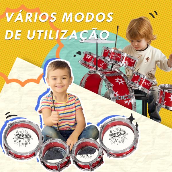 Bateria Infantil com Banco Bateria para Crianças acima de 3 Anos com Pedal e Baqueta Desenho de Estrelas 65x22x57 cm Vermelho