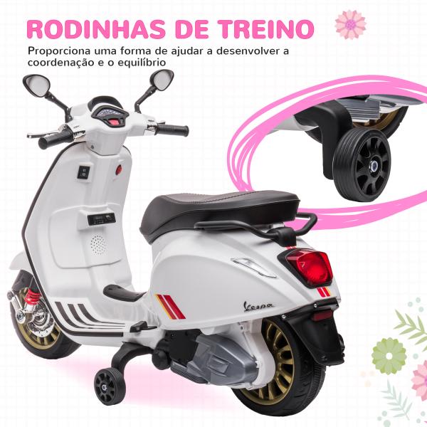 Moto Elétrica para Crianças de 3 - 6 Anos com Licença Vespa com USB MP3 Luz LED Rádio FM Velocidade 3 km/h Carga 35 kg Branco