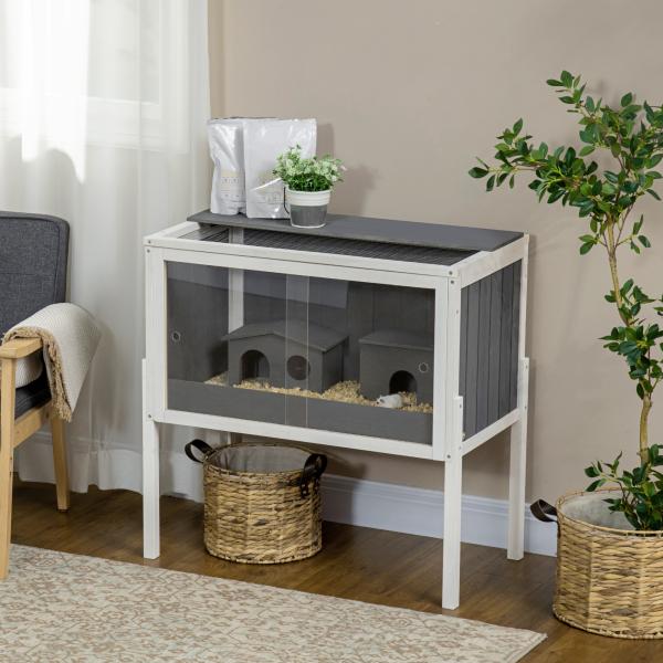 Gaiola para Hamster de Madeira com 2 Portas de Acrílico Prateleira Amovível 2 Casas 82x45x81cm Cinza e Branco