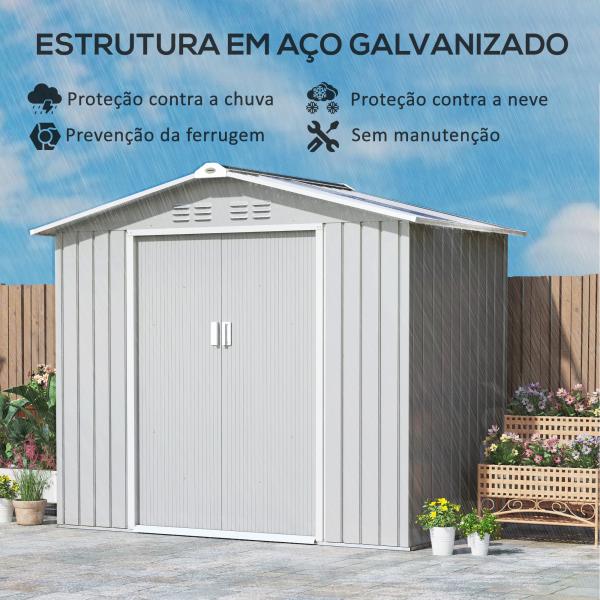 Abrigo de Jardim 2,42 m 213x130x185 cm Abrigo de Jardim Metálico para Armazenamento com 2 Portas Deslizantes e 4 Janelas Cinza Claro