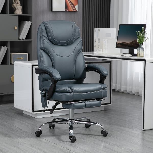 Cadeira de Escritório com 6 Pontos de Massagem por Vibração Aquecimento Estofada em Couro PU 67x67x113 - 121 cm Cinza