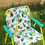 Conjunto Infantil de Mesa e Cadeiras de Jardim de 4 Peças Cadeiras Dobráveis Chapéu de Sol Desmontável Design de Selva Verde