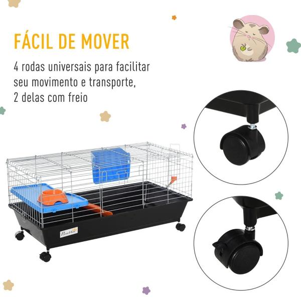 Gaiola para Roedores Pequenos com Rodas Habitat para Furões Porquinho da India com Comedouro Bebedouro Rampa 89x44x43cm Preto