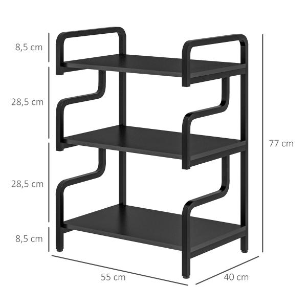 Suporte para Impressora de 3 Níveis com Estrutura em Aço, Estante de Arrumação para Escritório e Casa, 55x40x77 cm, Preto