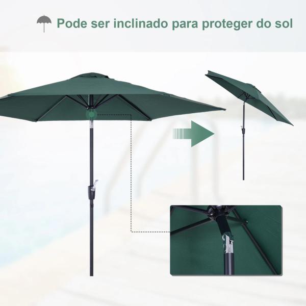 Chapéu de Sol de Jardim Ø270x235cm Chapéu de Sol de Alumínio Reclinável com Manivela e 6 Hastes para Terraço Exterior Balcão Verde