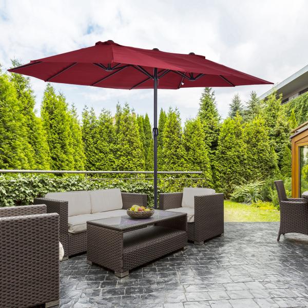Chapéu de Sol Duplo 4,55x2,68x2,38 m Chapéu de Sol de Jardim com Manivela Manual Resistente à Água e com Proteção Solar UV para Terraço Pátio Vinho