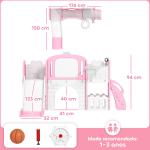 Escorrega Infantil 7 em 1 para Crianças Tema de Sapo com Aro de Basquetebol Túnel Quadro Telescópio de Brincar Trepador 176x150x94 cm Rosa