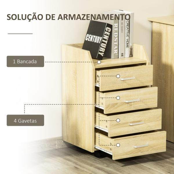 Gaveteiro de Escritório com Rodas, Gavetas de Escritório com 4 Gavetas, Arquivador Móvel para Escritório, Sala, para Debaixo da Mesa, 40x36x65 cm, Natural