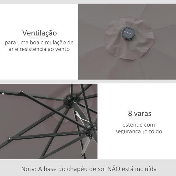 Chapéu de Sol para Terraço Exterior, Ø265 cm, Guarda - sol de Jardim com 32 Luzes LED Solares, Poste de Aço e Manivela Inclinável, para Pátio, Terraço, Cinzento