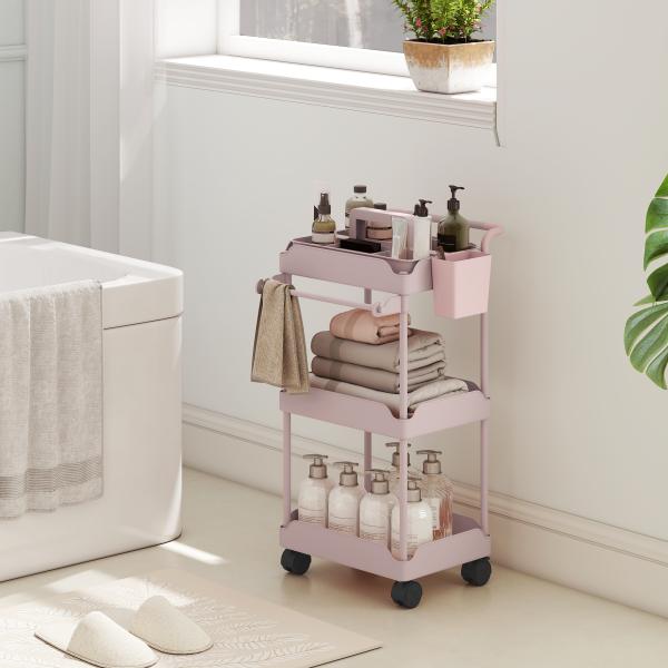 Carrinho Auxiliar com Rodas de 3 Níveis com Cestos Extraíveis Suporte para Toalhas e Estrutura de Metal 42x42,5x76 cm Rosa