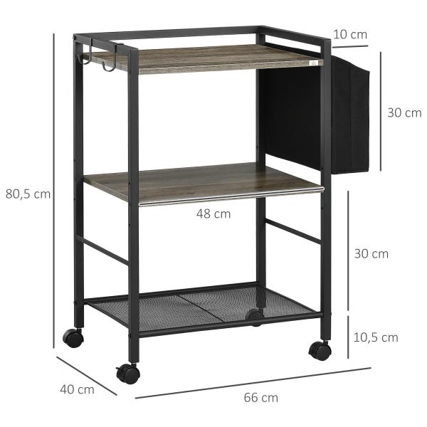 Carrinho Auxiliar com Rodas Carrinho de Armazenamento de 3 Níveis com Bolsa de Tecido 2 Ganchos 66x40x80,5cm Cinza