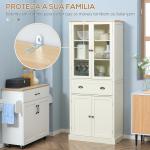 Armário de Cozinha com 2 Portas de Vidro 1 Gaveta e Prateleira Ajustável Móvel Auxiliar de Cozinha 76x40x182,5cm Creme