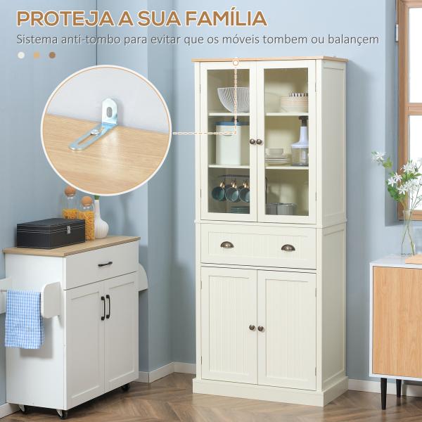 Armário de Cozinha com 2 Portas de Vidro 1 Gaveta e Prateleira Ajustável Móvel Auxiliar de Cozinha 76x40x182,5cm Creme
