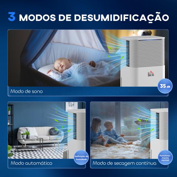Desumidificador 10L/dia Silencioso com 3 Modos Ecrã LED Temporizador 24H Bloqueio Infantil e Drenagem Contínua Branco