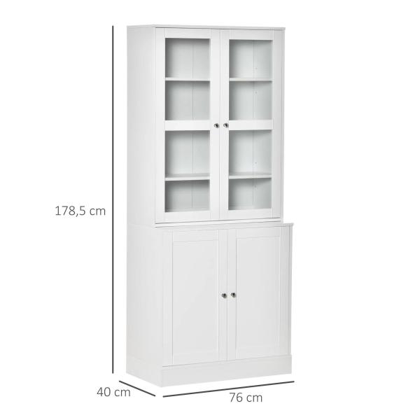 Vitrine para Sala de Estar Estante de Livros com 4 Portas e Prateleiras Superiores com Altura Ajustável Estilo Moderno Multiúso para Cozinha Escritório Dormitório 76x40x178,5 Branco