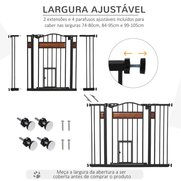 Barreira de Segurança para Cães Extensível para Portas Escadas 74 - 105cm com 2 Extensões de 10 e 15cm com 2 Portas e Fechadura Automática Aço Preto