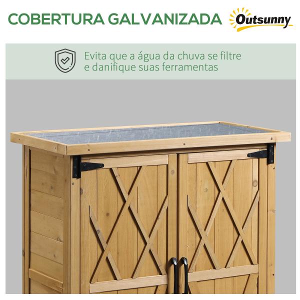 Abrigo de Jardim em Madeira, 75x40x90 cm Armazenamento de Ferramentas, com 4 Prateleiras 2 Portas e Telhado de Aço Galvanizado Madeira