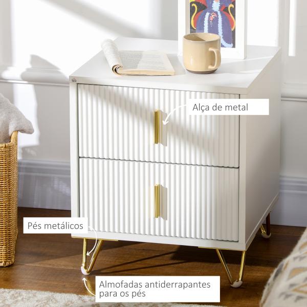 Mesa de Cabeceira com 2 Gavetas Mesa Auxiliar com Pés de Metal para Sala de Estar Dormitório 40x40x47 cm Branco e Dourado