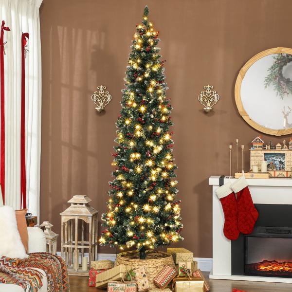 Árvore de Natal Slim 230 cm com Luzes LED 8 Modos de Iluminação 761 Ramos com Purpurina Prateada Pinhas e Bagas Verde