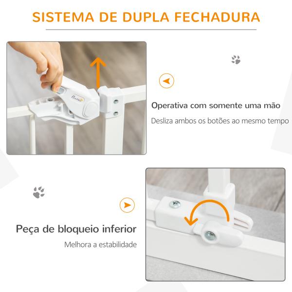 Barreira de Segurança para Cães Animais de Estimação 74 - 80cm para Escadas Portas e Corredor com Porta com Fechamento Automático e Sistema de Duplo Bloqueio Altura 76,2cm Branco