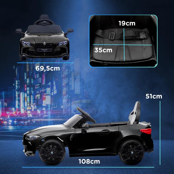 Carro Elétrico para Crianças BMW M4 12V com Controlo Remoto Faróis Buzina Música e Velocidade 3 - 5 km/h 108x69,5x51 cm Preto