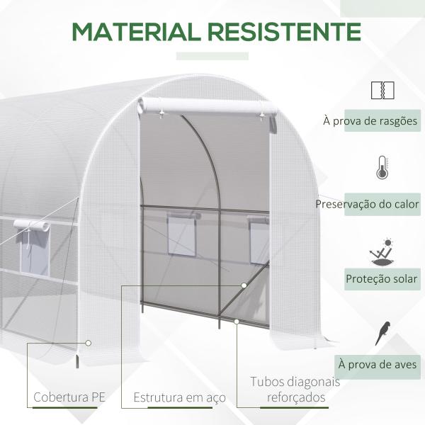Estufa Tipo Túnel 400x200x200cm Estufa de Jardim com Portas Enroláveis e 6 Janelas Cobertura de PE 140 g/m² Estrutura de Metal para Cultivo de Plantas Verduras Branco