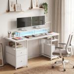 Secretária com Luzes LED, Gavetas, Tomadas, Portas USB e Suporte para Monitor, 155,5x48x88,5 cm, Branco
