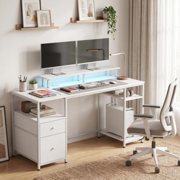 Secretária com Luzes LED, Gavetas, Tomadas, Portas USB e Suporte para Monitor, 155,5x48x88,5 cm, Branco