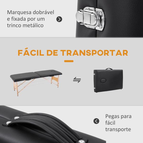 Marquesa de Massagem Dobrável Portátil com Apoio para a Cabeça Altura Ajustável e Bolsa de Transporte 186x60x58 - 81 cm Preto