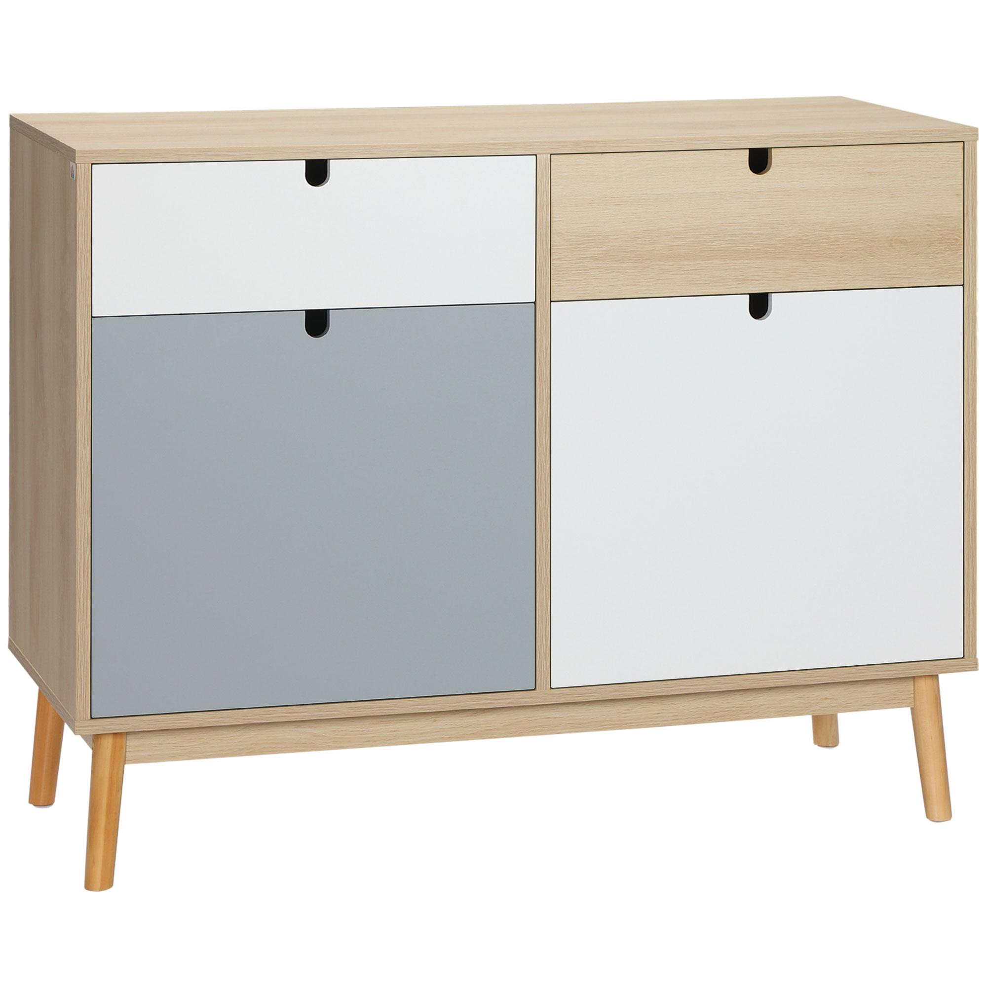 Aparador Auxiliar Móvel de Armazenamento com 2 Armários Fechados e 2 Gavetas Pés Elevados de Madeira de Pinho para Cozinha Dormitório Entrada 100x40x79,5cm Branco Cinza Madeira