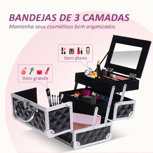 Estojo de Maquilhagem Organizador Cosméticos Profissional Portátil com Fecho e Vários Compartimentos 20x15x15 cm, Preto