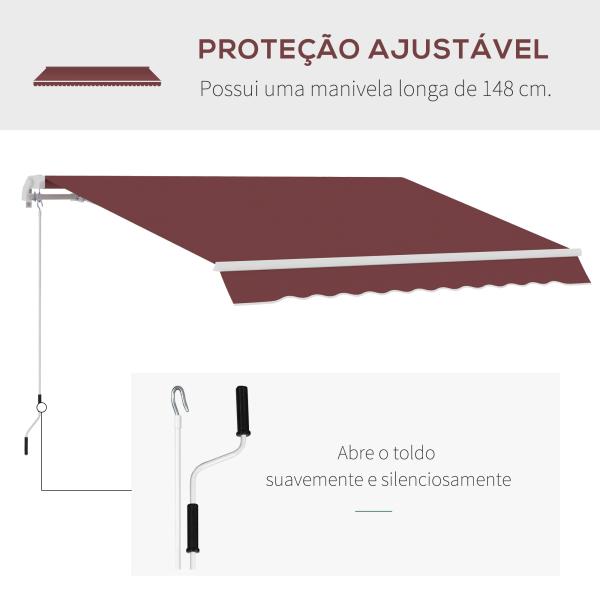 Toldo Manual Retrátil 3,5x2,5 m com Ângulo Ajustável Manivela, Estrutura de Alumínio e Proteção UPF30+ Vinho Tinto