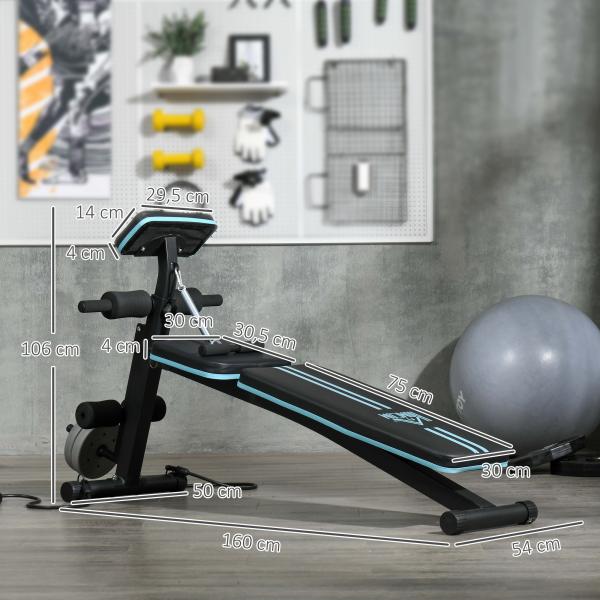 Banco de Musculação com Encosto Ajustável em 7 Posições Extensão de Pernas e Banda de Resistência 54x160x106cm Preto e Azul
