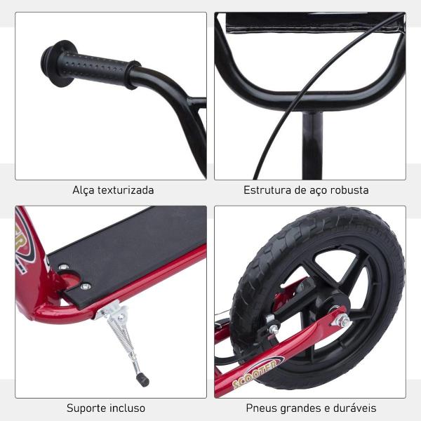 Trotinete para Crianças acima de 5 anos Scooter de 2 Rodas Grandes de 12 Polegadas com Freio e Guidão Ajustável em Altura Carga Máx. 50kg 120x52x80 - 88cm Vermelho