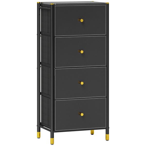 Cómoda para Dormitório Cómoda de Tecido com 4 Gavetas Dobráveis com Frentes de Couro PU 46x30x98 cm Preto