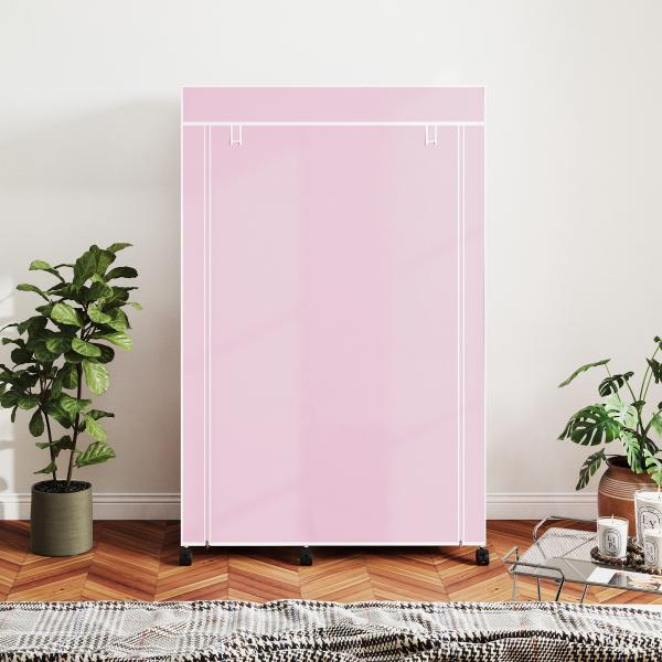 Roupeiro de Tecido Dobrável com 6 Prateleiras 1 Barra de Pendurar e Rodas para Dormitório Vestidor 103x43x162,5 cm Rosa
