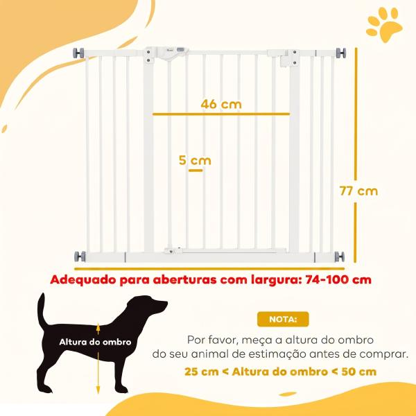 Barreira de Segurança para Cães 74 - 100 cm com Extensões, Montagem por Pressão e Duplo Bloqueio, Branco