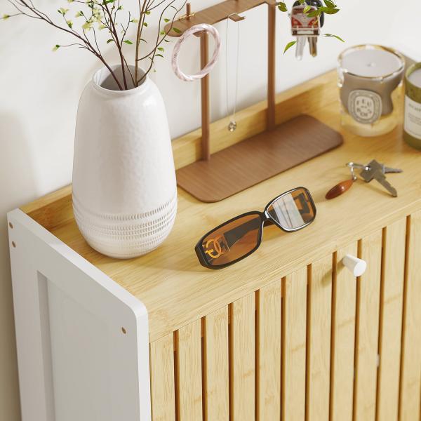 Sapateira Estreita com 3 Portas de Bambu Prateleiras Ajustáveis para 18 Pares de Sapatos 60x24x118 cm Branco e Madeira