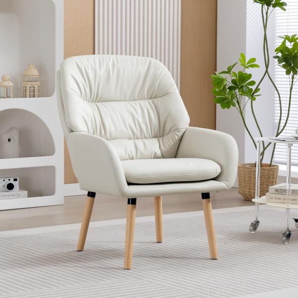 Poltrona de Sala de Estar Moderna Acolchoada de Dupla Camada Estofada em Couro Sintético Pés de Madeira 68x74x89 cm Creme