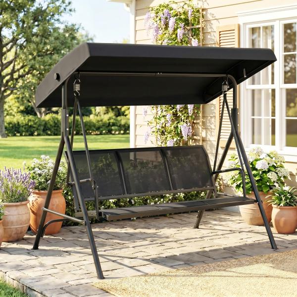 Baloiço de Jardim Exterior de 3 Lugares com Toldo Reclinável Assento Respirável e Estrutura de Aço 175x118x159 cm Preto