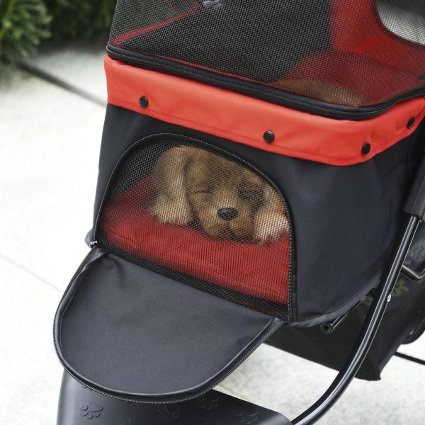 Carrinho dobrável para animais de estimação com 3 rodas Correias de segurança e cesto de armazenamento 109,5x54,5x106,5 cm Vermelho e preto